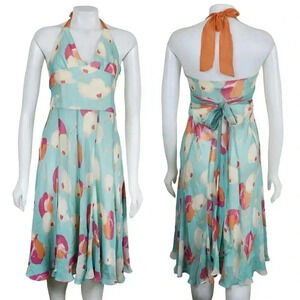 Bcbg Max Azria Silk Floral Halter  Dress Turquoise Orange Size 8